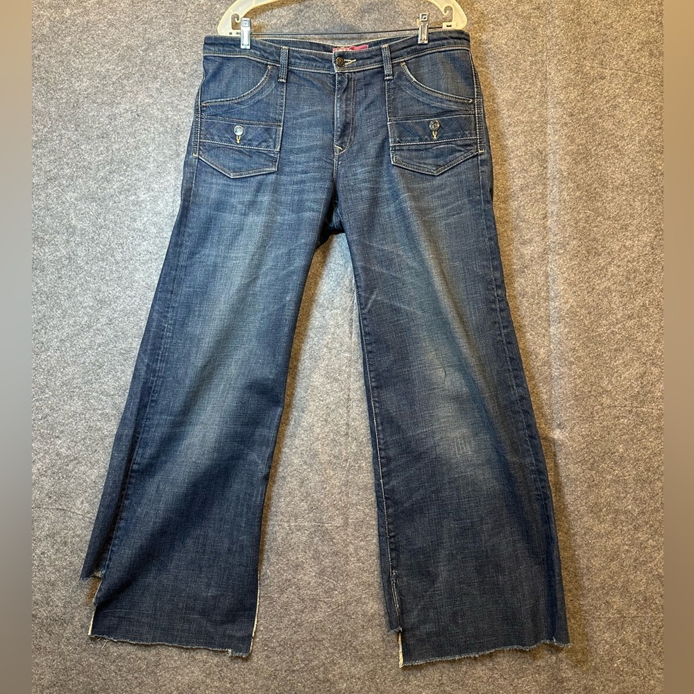 H&M Dark Indigo Wide Leg Jeans Flare Raw Distressed Hem Cropped Boho Biker
